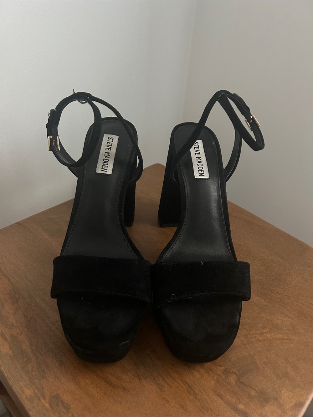 Steve Madden Black Suede Ankle-Strap Block Heels